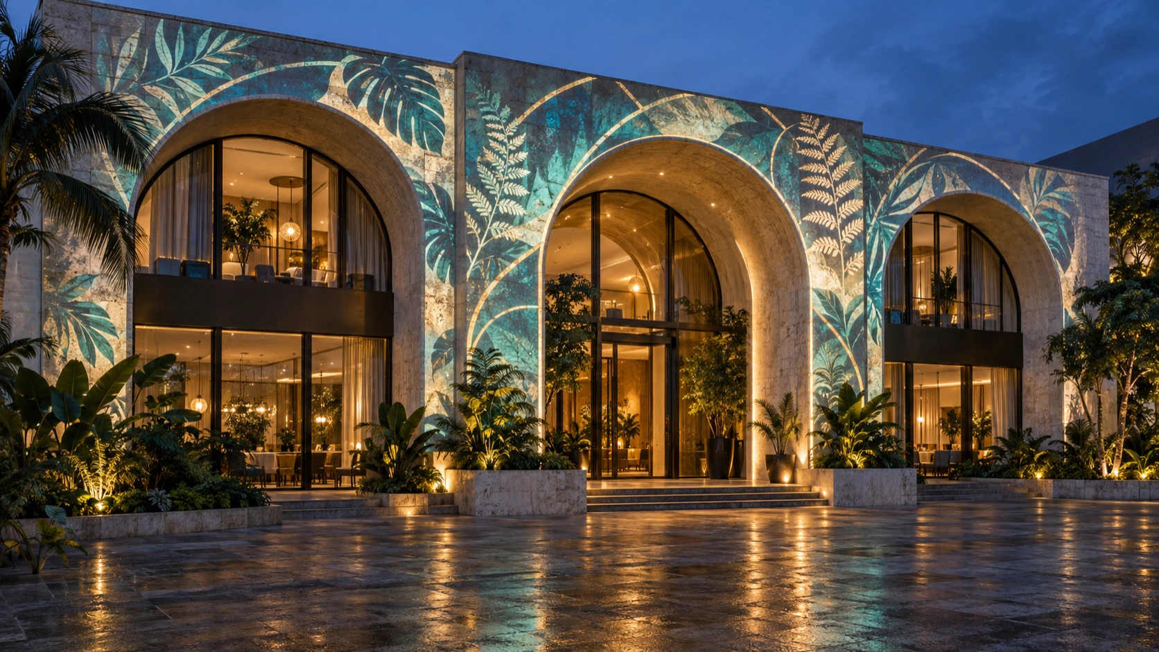 Concept de mapping végétal sur les grandes arches d’une façade contemporaine