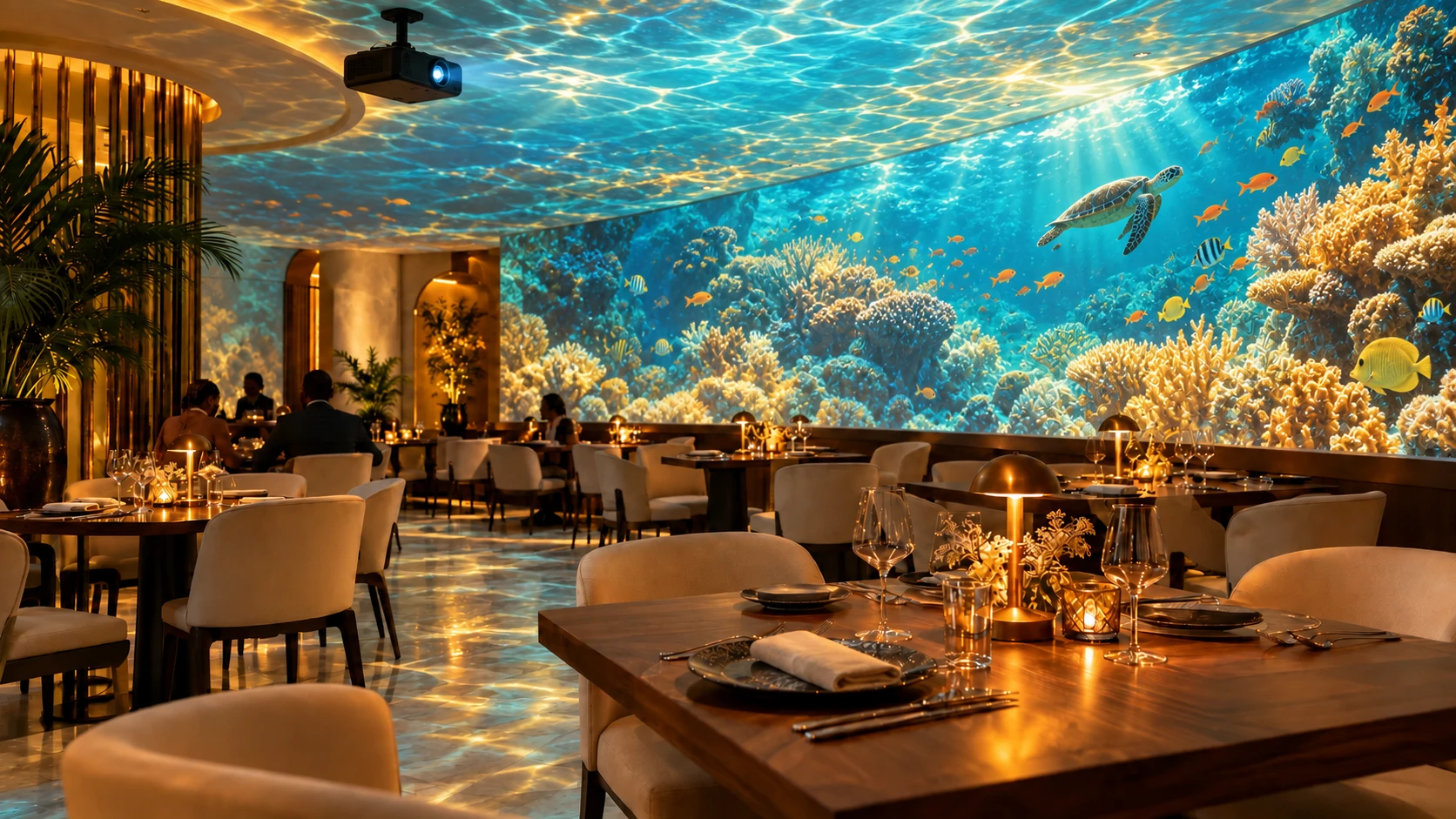 Le même restaurant transformé par des projections de fonds marins sur ses murs et son plafond