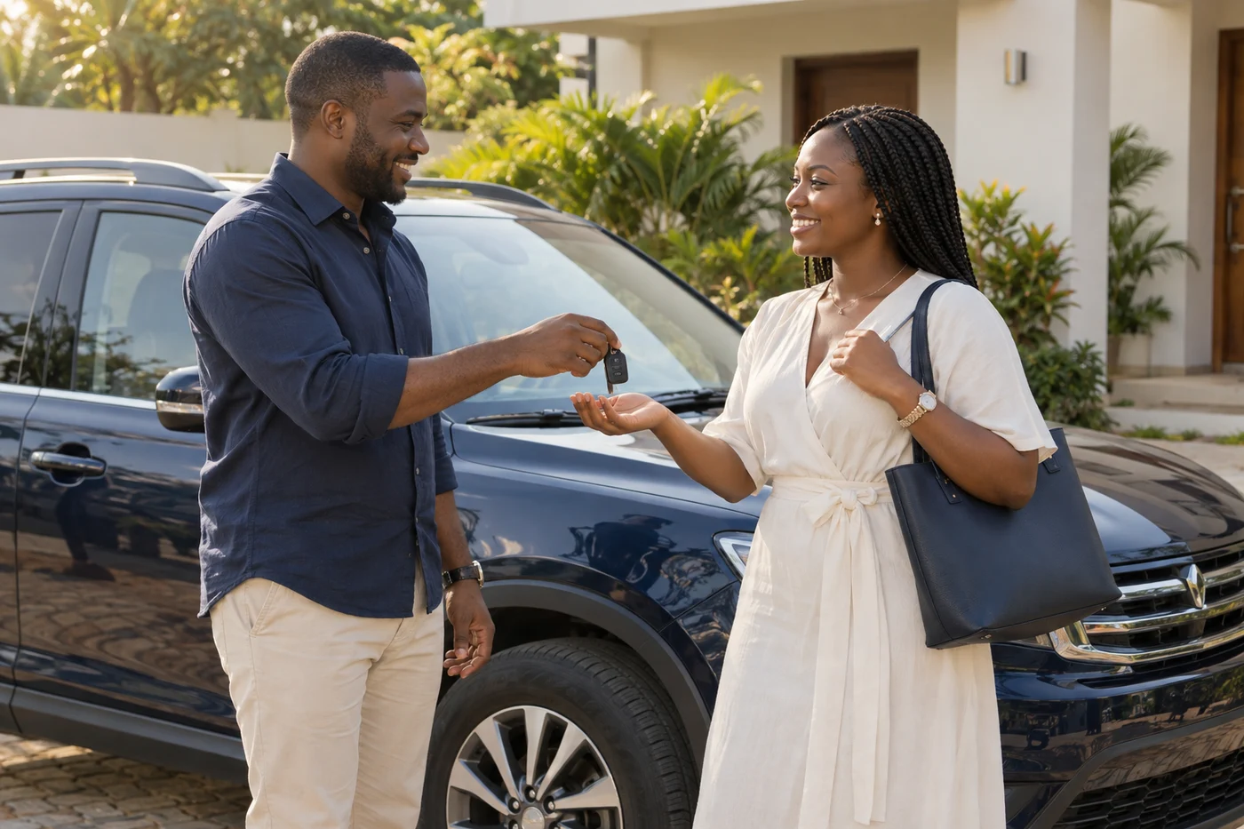 Un couple échange les clés de sa voiture avec confiance devant sa maison