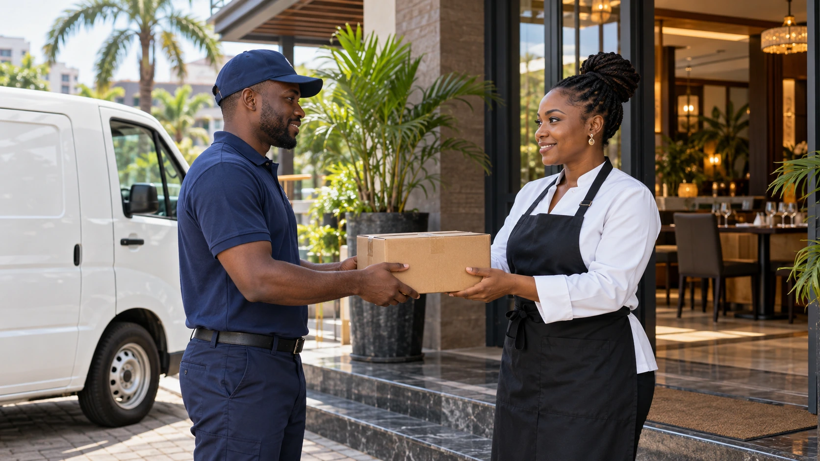 Un livreur remet un colis à une restauratrice, devant son véhicule de livraison